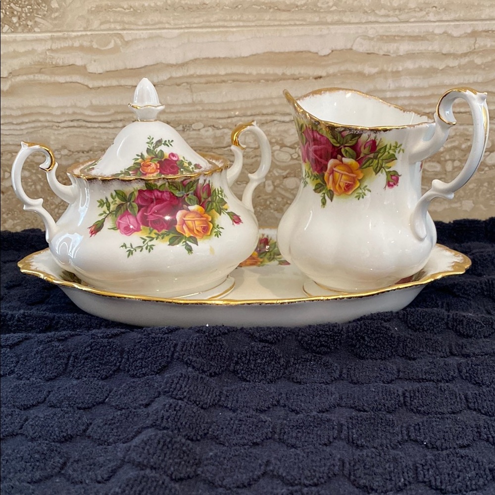 Royal Albert Country Rose Floral Porcelain Creamer, Sugar and tray Set